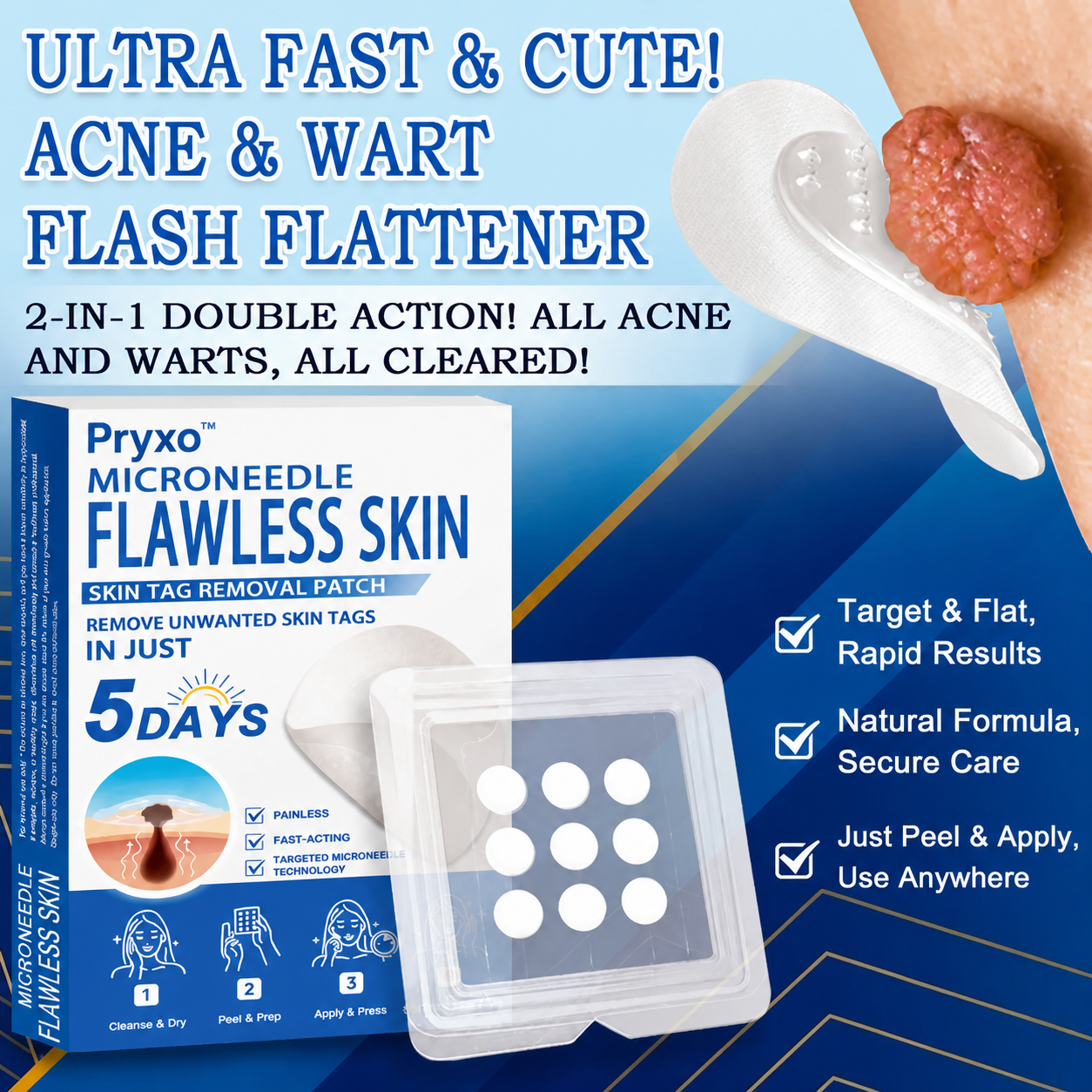 Pryxo™ 2-in-1 Microneedle & Hydrocolloid Patch | Raised Moles,Acne,  Flat Warts & Skin Tags Remover | Improves Wrinkles, Scars & Blemishes | Invisible Pimple Patches for Face & Body